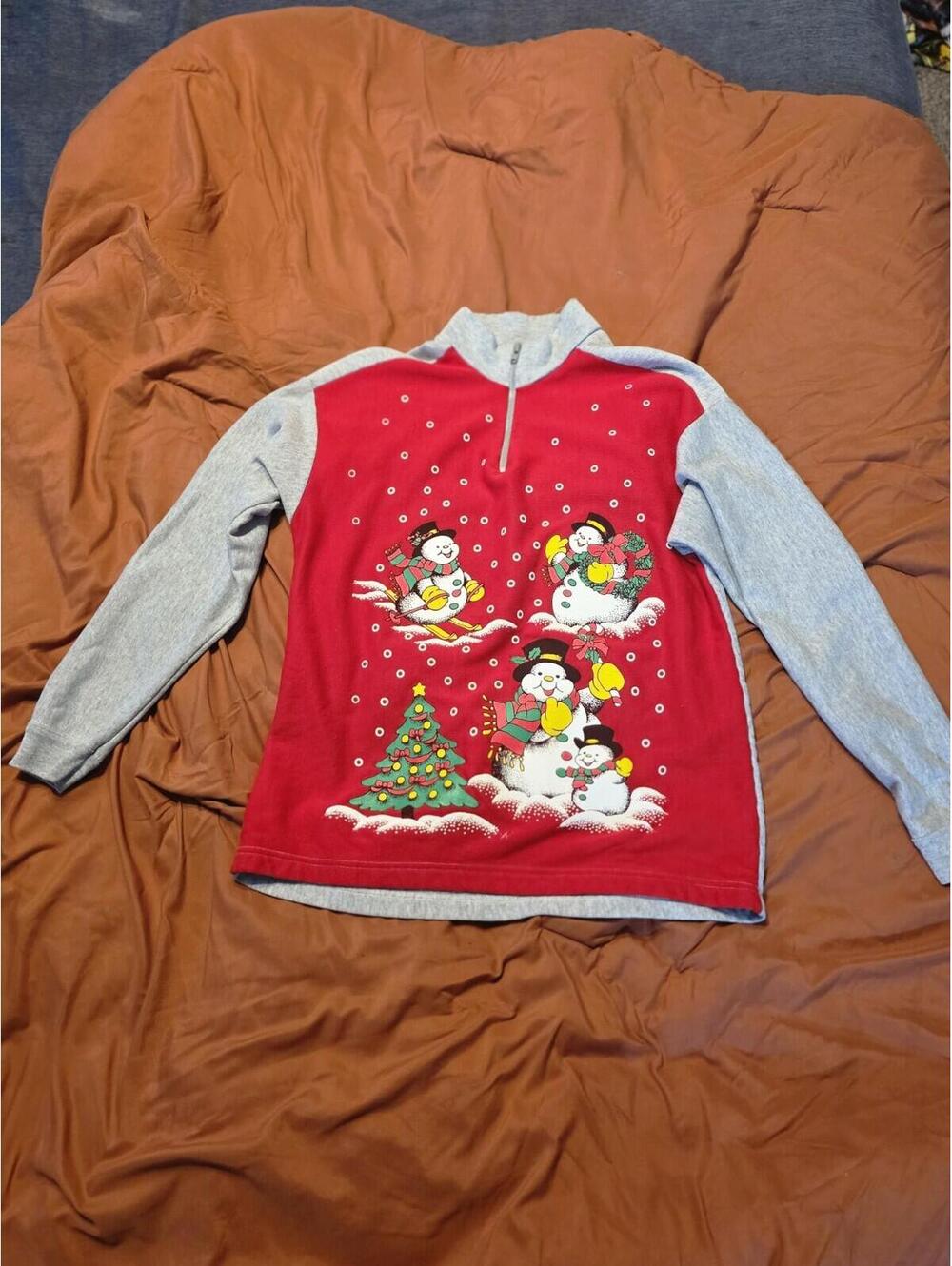 Vintage Bobbie‎ Brooks Christmas Snowman Sweater Medium Quarter Zip Red
